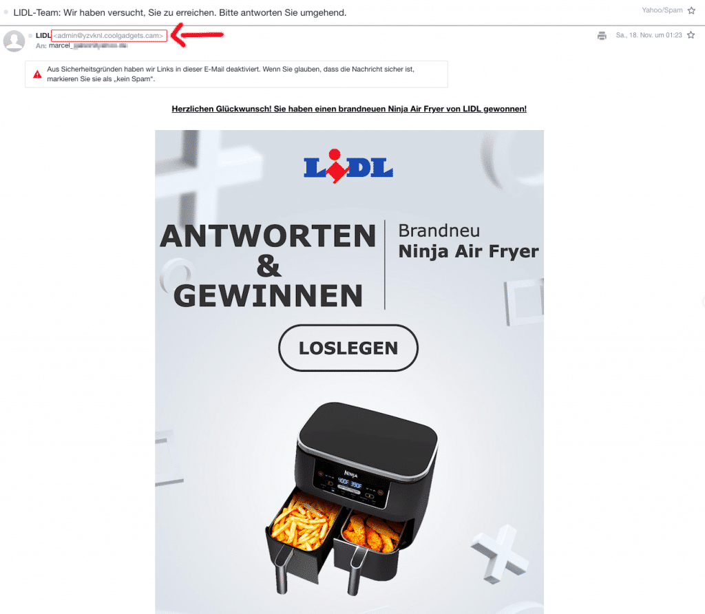 Phishing Mails lassen sich meist am Header erkennen wie hier bei einer falschen E-Mail Adresse